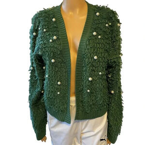 Emerald Green Loop Faux Pearl Cropped Cardigan Sweater Lady XL Whimsigoth Knit
